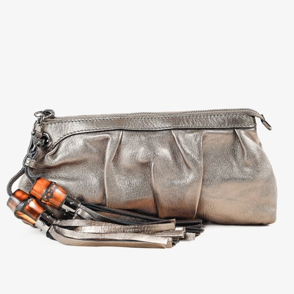 Gucci Bronze Metallic Bamboo Twin-Tassel Leather Clutch - Picture 1 of 10